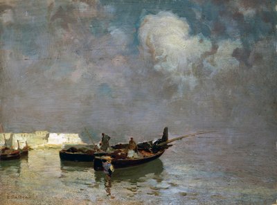 漁師のいるマリーナ」エドゥアルド・ダルボーノ（1841-1915）作、油彩・キャンバス、34x45cm 作： Eduardo Dalbono