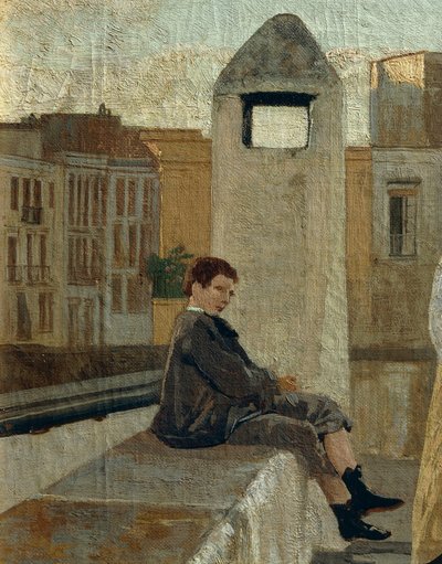 エドアルド・ダルボーノ（1841-1915）作「テラス」、パネルに油彩、45x30cm。詳細 作： Eduardo Dalbono