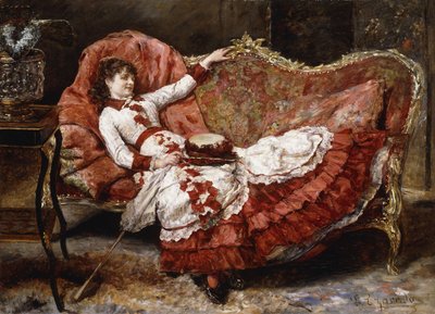 赤いドレスを着たエレガントな女性、 作： Eduardo Leon Garrido