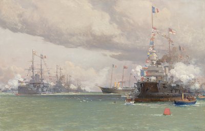 L "Entente Cordiale：ロイヤルヨットビクトリア＆アルバートIII、1905年、カウズロードの英仏艦隊をレビュー 作： Eduardo de Martino