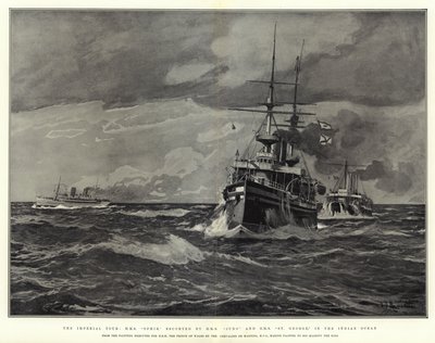 インペリアルツアー、HMSオフィール、HMSジュノとHMSセントジョージによってインド洋でエスコート 作： Eduardo de Martino