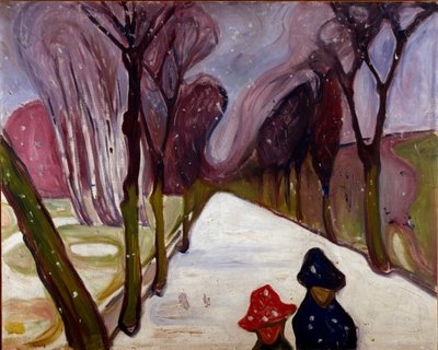 雪の旋風の中の並木道 作： Edvard Munch