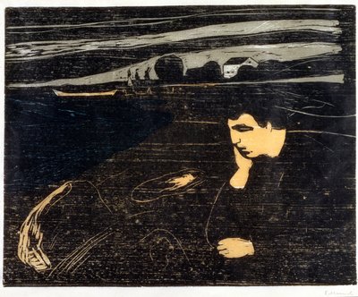 夕方、メランコリー。海岸にて（Abend, Melancholie am Strand）（木版画 作： Edvard Munch