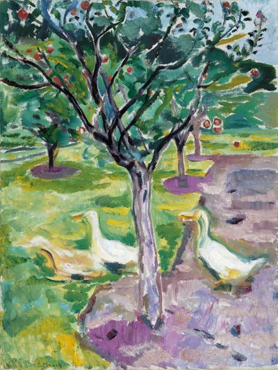 果樹園のガチョウc。 1911 作： Edvard Munch