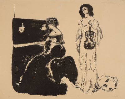 ヴァイオリンコンサート。エヴァ・ムドッチ（ヴァイオリン）とベラ・エドヴァルズ。 1903 作： Edvard Munch