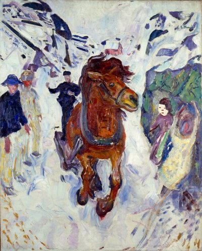 エドヴァルド・ムンク（1863-1944）の「馬のギャロップ」の絵 1910-1912年 薄暗い。148x119.5 cm オスロ、市立美術館コレクション ムンク美術館（Musee Munch 作： Edvard Munch