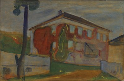 レッドバージニアクリーパーのある家、1900年頃（船上油） 作： Edvard Munch