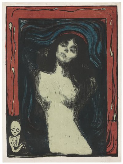 マドンナ-LiebendesWeib、c。 1895-1902（リトグラフ、白地に黒、赤、青、翡翠の緑で印刷） 作： Edvard Munch