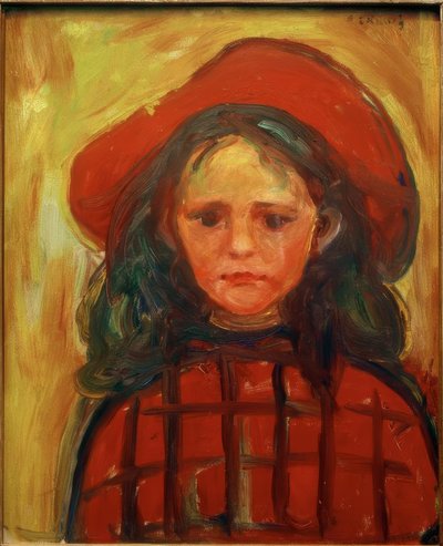 赤いチェックのワンピースと赤い帽子の女の子 作： Edvard Munch
