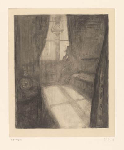 窓際に座っているインテリアの男 月光。 聖雲の夜（原題） 作： Edvard Munch