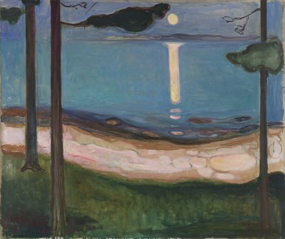 月光の北欧の風景。エドヴァルド・ムンク（1863-1944）による絵画1895薄暗い。 93x110 cmオスロ、ナジョナルギャラリー 作： Edvard Munch