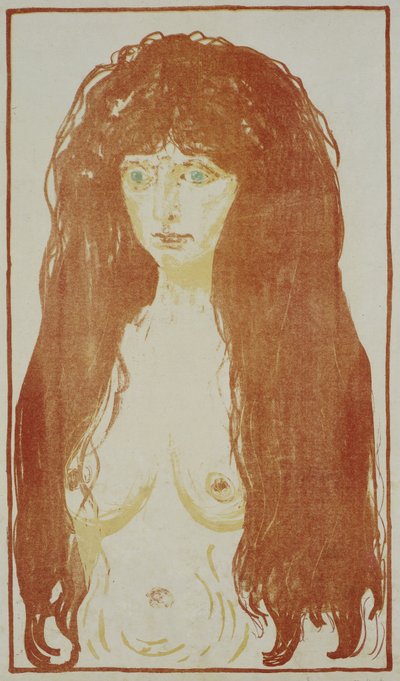 赤い髪と緑の目を持つヌードの女性 赤い髪の立っているヌード、c。 1901年 作： Edvard Munch
