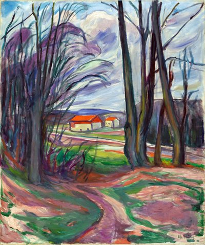 Skoyen (オスロ、ノルウェー) の風景です。 エドヴァルド・ムンク (1863-1944) の絵画、キャンバスに油彩、1920 年頃。ノルウェーの芸術、20 世紀、表現主義。 プライベート コレクション。 作： Edvard Munch