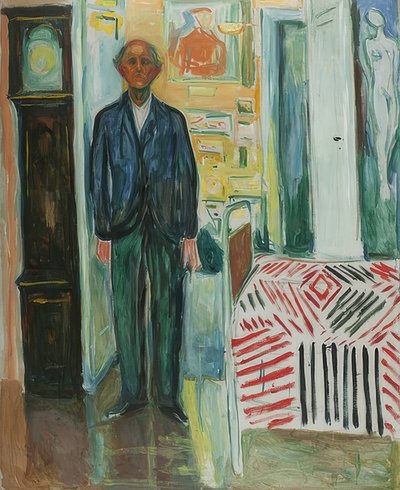 自画像。時計とベッドの間。 1940-42 作： Edvard Munch