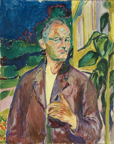 家の壁の前の自画像 作： Edvard Munch
