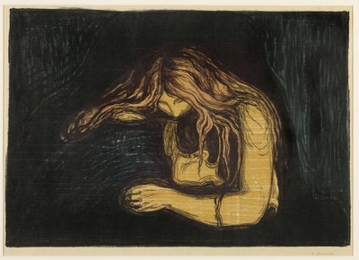 吸血鬼、1895-1902年（薄い和紙に薄い織り紙にカラー木版画とリトグラフ） 作： Edvard Munch