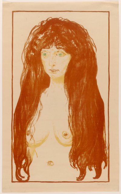 赤い髪と緑の目を持つ女性。 罪 作： Edvard Munch