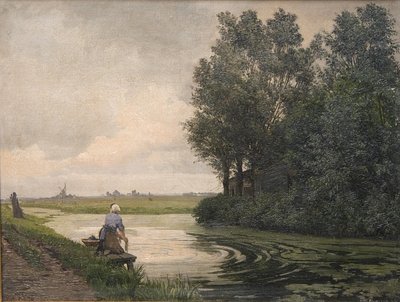 オランダの風景。 女の子がチャンネルで洗う 作： Edvard Petersen