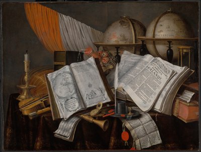 旗、燭台、楽器、本、筆記用具のあるヴァニタスの静物画... 作： Edwaert Collier