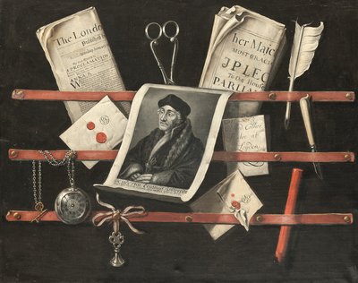 文字のだまし絵、ロッテルダムのエラスムス（1466-1536）の肖像画を模したエングレーヴィング、羽ペン、懐中時計、赤い蝋の棒など（油彩・キャンバス） 作： Edwaert Colyer or Collier