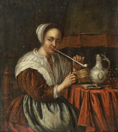 テーブルでパイプを吸う女性 作： Edwaert Colyer or Collier
