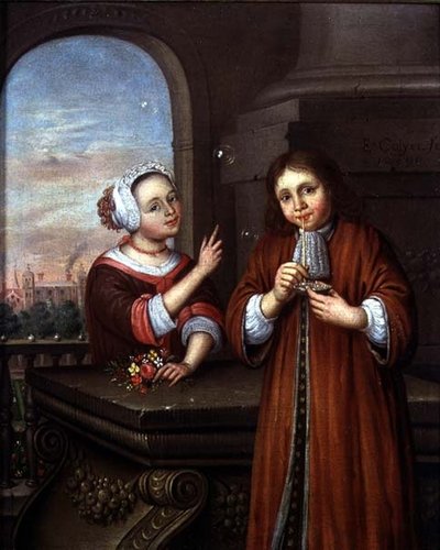 建築環境でシャボン玉を吹く少年を指して女の子 作： Edwaert Colyer or Collier