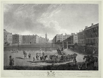 ロバート・ポラード（1755-1838）とフランシス・ジュークス（1747-1812）が彫った「ハノーバー広場の眺め」1787年（エッチングとアクアチント）。 作： Edward (after) Dayes