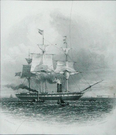リバプール-1853年に出港した「グレート・ブリテン号」、チャールズ・トムリンソン編集の「Cyclopaedia of Useful Arts & Manufactures」より、1880年代頃のJ.ブラッドショーの刻印（エングレービング） 作： Edward (after) Duncan