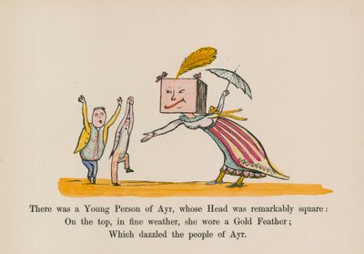 エアーの若者で、頭が驚くほど四角い人がいた（カラーエングレーヴィング） 作： Edward (after) Lear