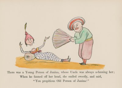 ジャニーナという若者がいて、叔父はいつも彼女を扇いでいた（カラーエングレーヴィング） 作： Edward (after) Lear