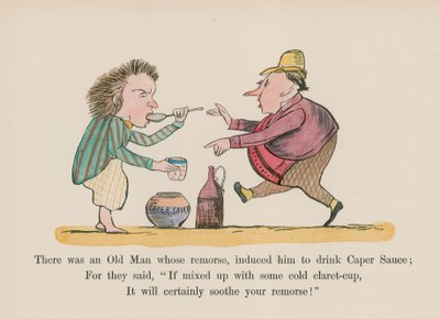 自責の念からケーパー・ソースを飲むようになった老人がいた（カラー版画） 作： Edward (after) Lear