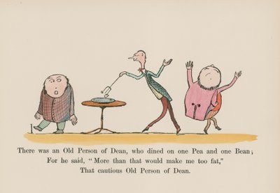 ディーンのある老人が、一粒のエンドウ豆と一粒の豆で食事をしていた（カラー版画） 作： Edward (after) Lear