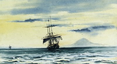 マウントディスカバリーの最後の光景：SS。マクマード海峡からの「発見」に続く「朝」と「テラノヴァ」、2月19日 作： Edward Adrian Wilson