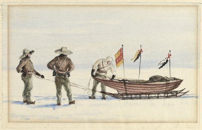 1902年2月、ホワイトアイランドへのそりパーティー：シャクルトン、ウィルソン、フェラーは、1902年に出発する準備をしていました。 作： Edward Adrian Wilson