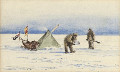 1902年2月、ホワイトアイランドへのそりパーティー：シャクルトンとウィルソンがキャンプを作る、1902 作： Edward Adrian Wilson