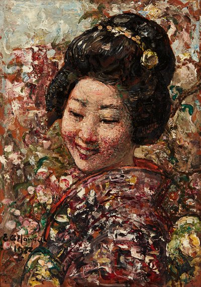 日本の女の子（パネルに油彩） 作： Edward Atkinson Hornel