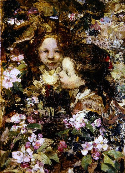 花の中の二人の少女」（油彩・キャンバス 作： Edward Atkinson Hornel