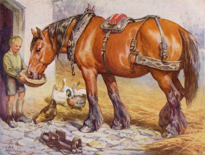 農場で馬に餌をやる少年（カラーリソ） 作： Edward Brice Montefiore