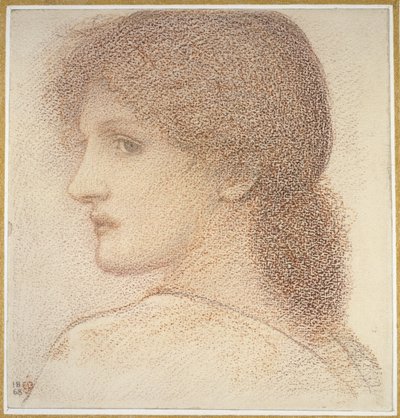 左を向いた女性の頭の研究、1868年（紙に赤いチョーク） 作： Edward Burne Jones