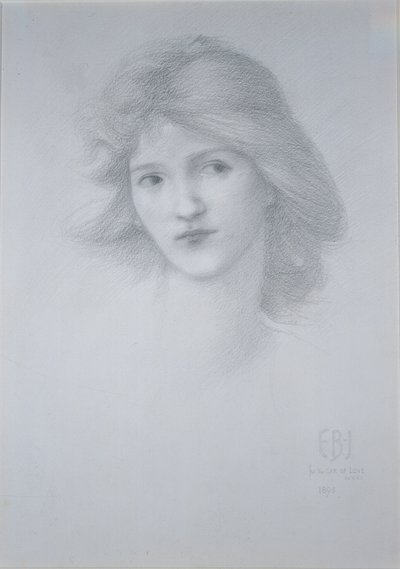 女性の頭：「愛の車」のための研究、1895年（鉛筆） 作： Edward Burne Jones