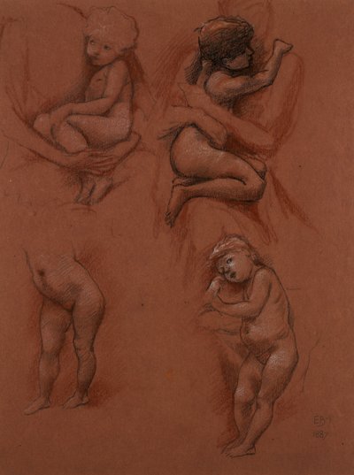 母親の腕の中の子供たちの研究、1887年（赤い紙に黒、赤、白のチョーク） 作： Edward Burne Jones