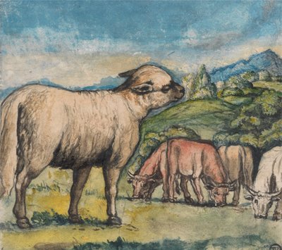 牧歌的な風景の中の子羊と牛 作： Edward Calvert