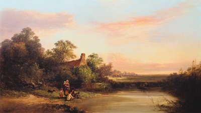 「コテージと小川のあるイギリスの風景」、1860 作： Edward Charles Williams