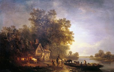 素朴で馬のいる川の風景、c1860 作： Edward Charles Williams