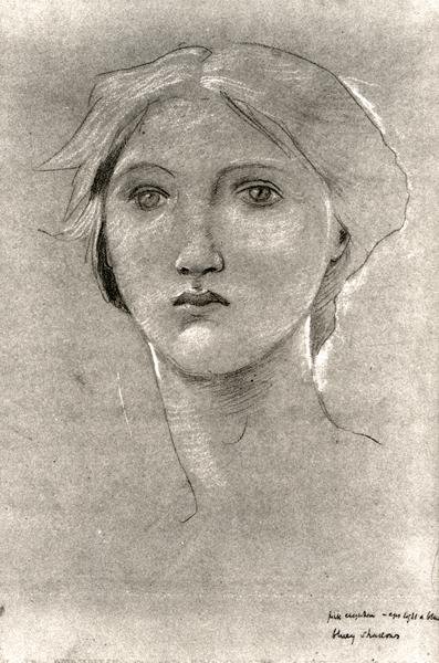 少女の頭」1893-96年頃（茶色のベラムに高さを変えたクレヨン）（モノクロ写真） 作： Edward Coley Burne Jones