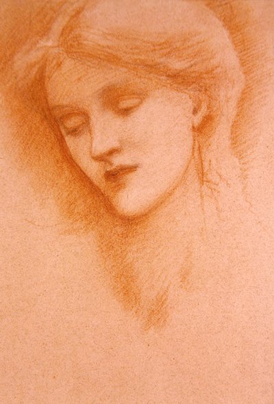 若い女性の肖像」（紙に赤チョーク） 作： Edward Coley Burne Jones