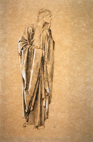 ダナエのための習作、1885年頃（茶色の紙に白黒のチョーク） 作： Edward Coley Burne Jones