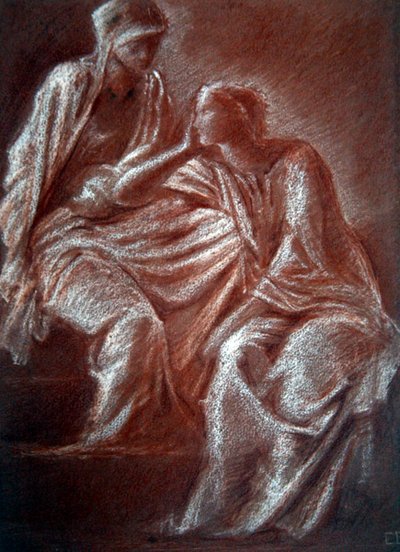 女性像の習作（紙に赤と白のチョーク） 作： Edward Coley Burne Jones