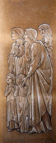 小さな子供たちを私のところに来させなさい」（紙に白黒のチョーク） 作： Edward Coley Burne Jones