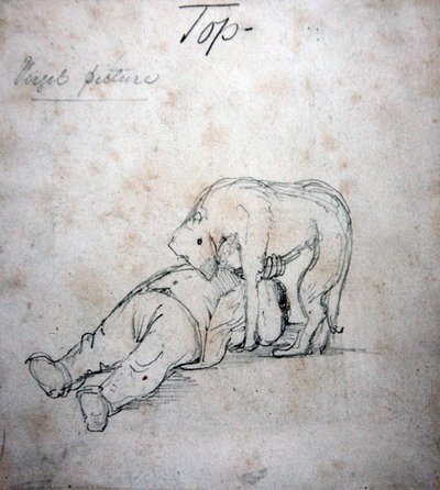 犬と遊ぶウィリアム・モリス 1890年頃（紙に鉛筆） 作： Edward Coley Burne Jones